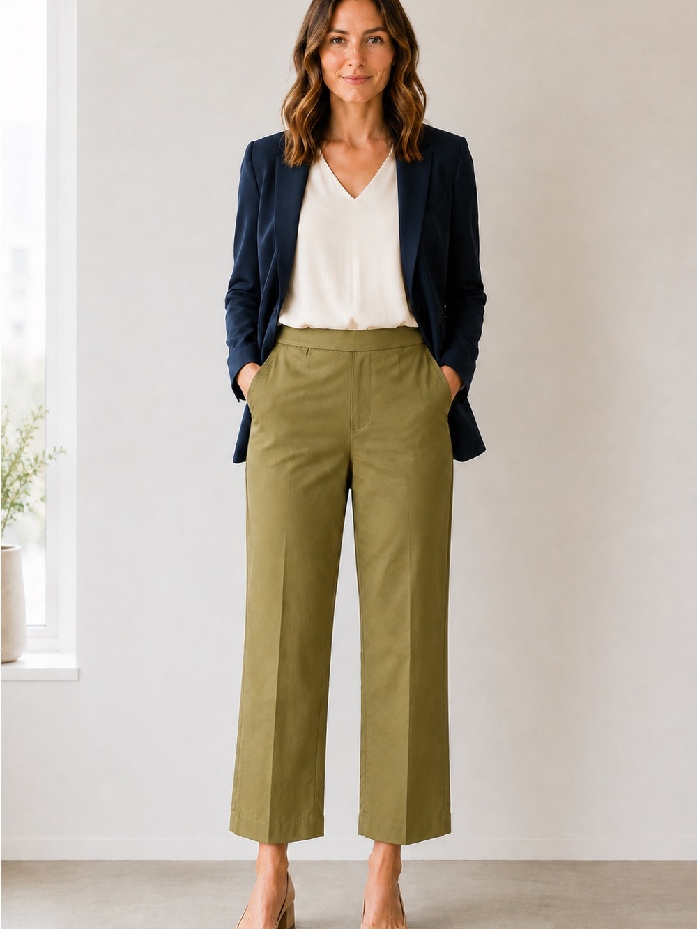 Ann Taylor Size 6 Olive Green Cotton Blend Wide Leg Trouser Pants
